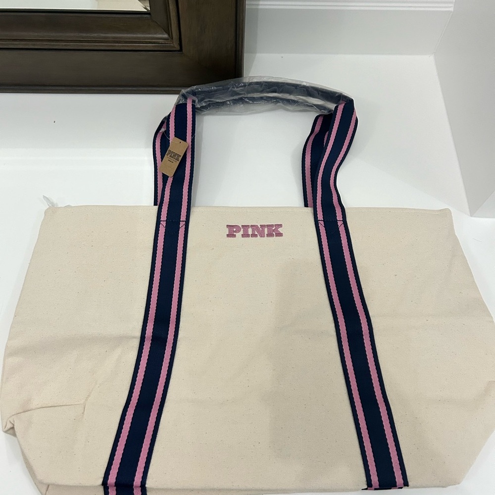 PINK Victoria's Secret Canvas Tote Bag - Cream and Pink